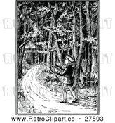 Vector Clip Art of Retro Boy Walking to a Cabin in the Woods by Prawny Vintage