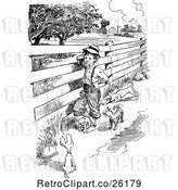 Vector Clip Art of Retro Boy with Dogs at a Country Fence by Prawny Vintage