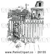 Vector Clip Art of Retro Boy with Dogs Spying Through a Fence by Prawny Vintage