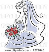 Vector Clip Art of Retro Bride in a Periwinkle Dress, with Red Flowers by Vector Tradition SM