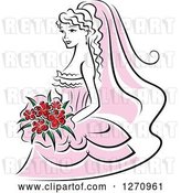 Vector Clip Art of Retro Bride in a Pink Dress, with Red Flowers by Vector Tradition SM