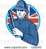 Vector Clip Art of Retro British London Bobby Police Officer with a Truncheon in a Union Jack Flag Circle by Patrimonio