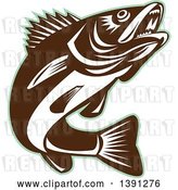 Vector Clip Art of Retro Brown and White Walleye Fish Jumping, with a Green Outline by Patrimonio