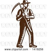 Vector Clip Art of Retro Brown and White Woodcut Male Farmer Holding a Scythe by Patrimonio