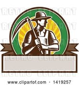 Vector Clip Art of Retro Brown and White Woodcut Male Farmer Holding a Scythe in a Sunset Circle over a Blank Banner by Patrimonio