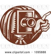 Vector Clip Art of Retro Brown Box Camera and Photographers Hand Holding a Finger up by Patrimonio