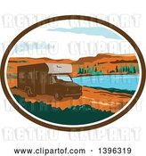 Vector Clip Art of Retro Brown Camper Van RV in a Desert Landscape Within an Oval by Patrimonio