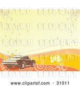 Vector Clip Art of Retro Brown Muscle Car over a Grunge Background of Orange and Yellow Waves, Grunge, Circles, Dots and Splatters by David Rey