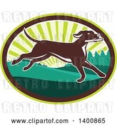 Vector Clip Art of Retro Brown Pointer Dog Running in a Sunrise Oval by Patrimonio