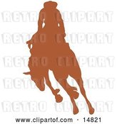Vector Clip Art of Retro Brown Silhouette of a Cowboy Riding a Bucking Bronco in a Rodeo by Andy Nortnik
