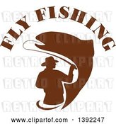 Vector Clip Art of Retro Brown Silhouetted Fly Fisher Man and Trout Fish Under Text by Patrimonio