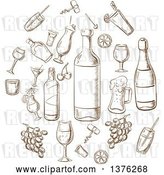 Vector Clip Art of Retro Brown Sketched Beverages, Alcohol, Fruits, Glasses and Corkscrews Sketches in a Circle by Vector Tradition SM