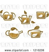 Vector Clip Art of Retro Brown Tea or Coffe Pots and Cups with Leaves 2 by Vector Tradition SM