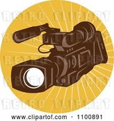 Vector Clip Art of Retro Brown Video Camera in a Circle of Rays by Patrimonio