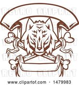 Vector Clip Art of Retro Browna Nd White Wolf Head over Cross Bones and Banners by Patrimonio