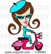 Vector Clip Art of Retro Brunette Lady Dressed in Blue, Riding a Pink Scooter by Andy Nortnik