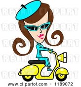 Vector Clip Art of Retro Brunette Lady Dressed in Blue, Riding a Yellow Scooter by Andy Nortnik