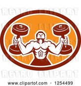 Vector Clip Art of Retro Buff Bodybuilder Lifting Heavy Weights in a Red and Orange Oval Shield by Patrimonio