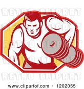 Vector Clip Art of Retro Buff Bodybuilder Lifting Heavy Weights over a Hexagon by Patrimonio