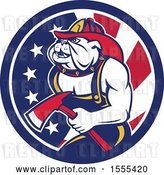 Vector Clip Art of Retro Bulldog Firefighter Holding an Axe in an American Flag Circle by Patrimonio