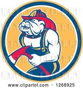 Vector Clip Art of Retro Bulldog Firefighter Holding an Axe in an Orange Blue and White Circle by Patrimonio