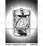 Vector Clip Art of Retro Burst of Bright Light Around a Human Brain Floating in a Jar in a Science Lab by Lawrence Christmas Illustration