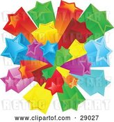 Vector Clip Art of Retro Burst of Rainbow Colored Red, Green, Yellow, Orange, Blue and Purple Stars over a White Background by KJ Pargeter