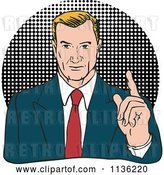 Vector Clip Art of Retro Business Man Holding up a Finger over Halftone by Patrimonio