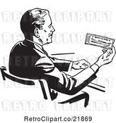 Vector Clip Art of Retro Business Man Sitting at a Desk and Holding a Check by BestVector