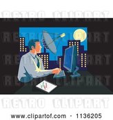 Vector Clip Art of Retro Business Man Working on a Computer in an Urban Office by Patrimonio
