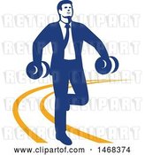 Vector Clip Art of Retro Businessman Power Walking with Dumbbells on an Orange Lined Path by Patrimonio