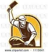 Vector Clip Art of Retro Butcher Cutting a Ham over an Arch of Rays by Patrimonio