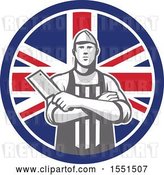 Vector Clip Art of Retro Butcher Holding a Cleaver in Folded Arms Inside a Union Jack Flag Circle by Patrimonio