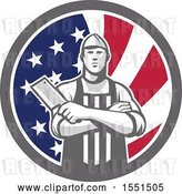 Vector Clip Art of Retro Butcher Holding a Cleaver in Folded Arms Inside an American Flag Circle by Patrimonio