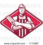 Vector Clip Art of Retro Butcher Holding a Cleaver in Folded Arms over a Red Diamond by Patrimonio