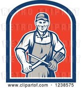 Vector Clip Art of Retro Butcher Sharpening a Knife on a Shield by Patrimonio