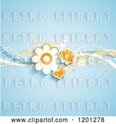 Vector Clip Art of Retro Butterflies and Flowers and Waves over Blue by KJ Pargeter