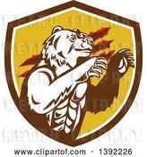 Vector Clip Art of Retro California Grizzly Bear Attacking in a Brown White and Yellow Shield by Patrimonio