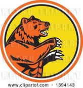 Vector Clip Art of Retro California Grizzly Bear Attacking in an Orange White Black and Yellow Circle by Patrimonio