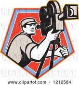 Vector Clip Art of Retro Camera Guy Filming over a Blue and Red Crest by Patrimonio