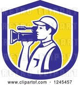 Vector Clip Art of Retro Camera Guy in a Yellow and Blue Shield by Patrimonio