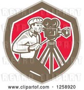 Vector Clip Art of Retro Cameraman Filming in a Brown White and Pink Shield by Patrimonio