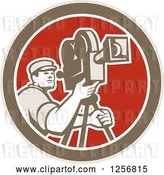 Vector Clip Art of Retro Cameraman Filming in a Brown White and Red Circle by Patrimonio
