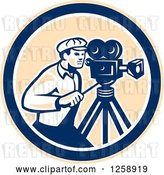 Vector Clip Art of Retro Cameraman Filming in a Tan Blue and White Circle by Patrimonio