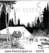 Vector Clip Art of Retro Camp Site with Silhouetted People in a Tent by Prawny Vintage