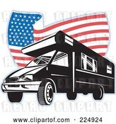 Vector Clip Art of Retro Camper Van and Wavy American Flag Logo by Patrimonio