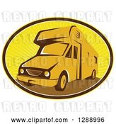 Vector Clip Art of Retro Camper Van in a Brown White and Yellow Sunshine Oval by Patrimonio