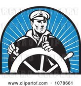 Vector Clip Art of Retro Captain and Helm over Blue Rays Logo by Patrimonio