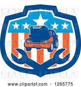 Vector Clip Art of Retro Car and Crossed Wrenches in an American Flag Shield by Patrimonio