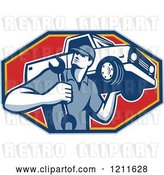 Vector Clip Art of Retro Car Mechanic Holding a Truck on His Shoulder over a Red Octagon by Patrimonio